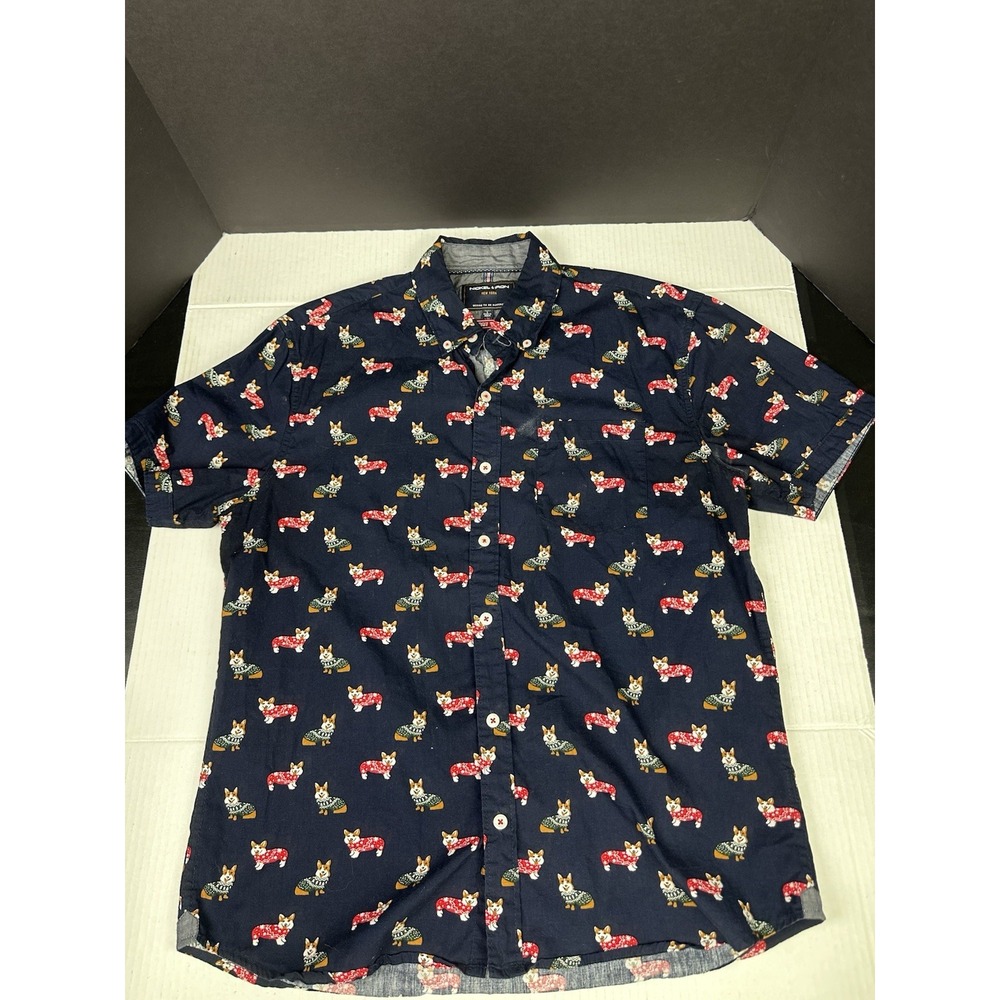 NICKEL AND IRON MENS CORGI DOG THEME CHRISTMAS THEME SHIRT Sz Lrg NAVY BLUE‎